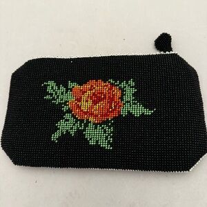 Black Beaded Cosmetic Bag with Orange Floral Design